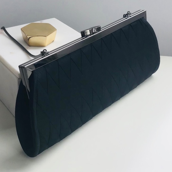 OLGA BERG long black satin clutch with metal strap and closure - like new - Picture 2 of 4